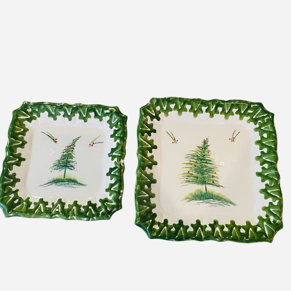 NWOT Set 2 Handpainted Christmas Tree Ceramic Platters Italy Square White Green